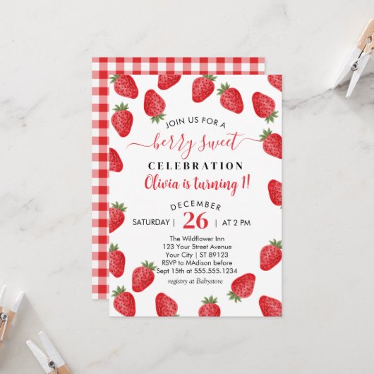 Berry Sweet wordt 1 aardbeien 1e verjaardag Kaart (Voorkant / Achterkant in situ)