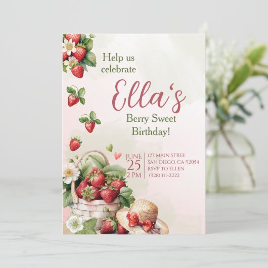 Berry Sweet zomer aardbei Verjaardag Uitnodiging (Staand voorkant)