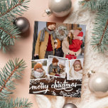 Berry Twig Warm Wood Foto Collage Kerst Feestdagenkaart<br><div class="desc">Dubbelzijdige kerstfotokaart met een fotocollage van vier foto's - een groter en drie kleiner in vierkante witte lijsten - tegen donkerbruine houtwaren. Vrolijk kerstfeest wordt geschreven in een vet schrift en omringd met bessen. Op de rug,  voeg een groet van Kerstmis samen met uw namen toe.</div>