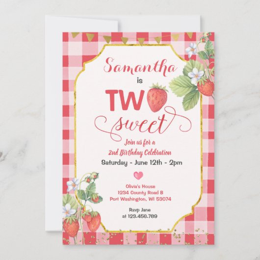 Berry Two Sweet Strawberry Birthday Party Kaart (Voorkant)