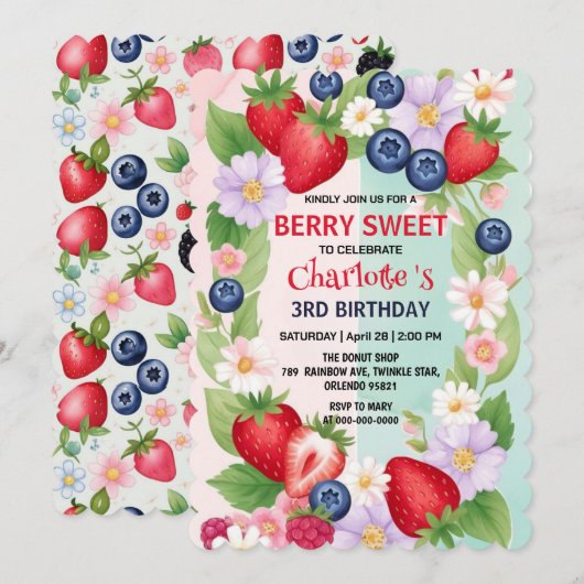 Berry Verjaardag Aardbei bloem Meisje Party Save The Date (Voorkant / Achterkant)