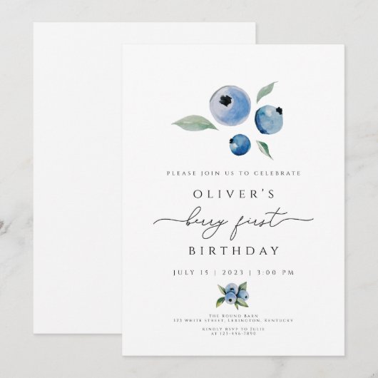 Berry verjaardagsuitnodiging, Blueberry 1e verjaar Kaart (Voorkant / Achterkant)