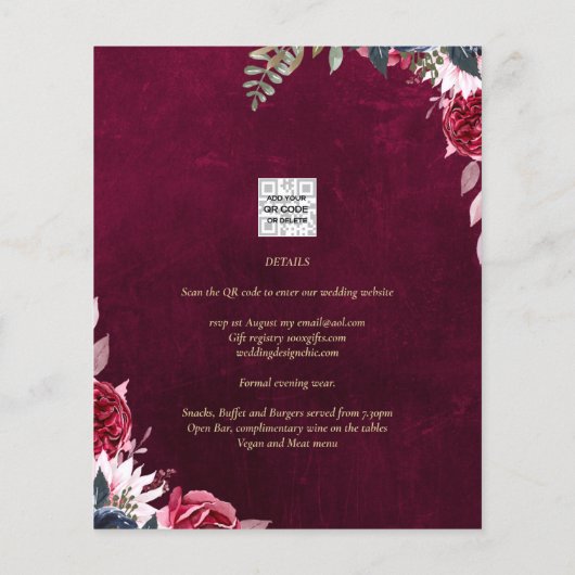 Berry Wine Floral Wedding Flyer (Achterkant)