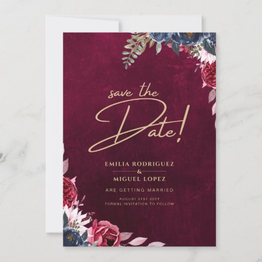 Berry Wine Floral Wedding Kaart (Voorkant)