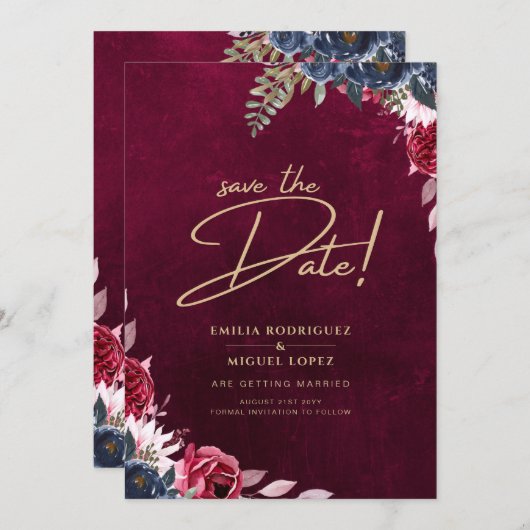 Berry Wine Floral Wedding Kaart (Voorkant / Achterkant)