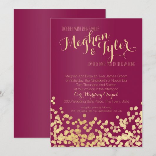 Berry Wine & Gold Sparkle Wedding Kaart (Voorkant / Achterkant)
