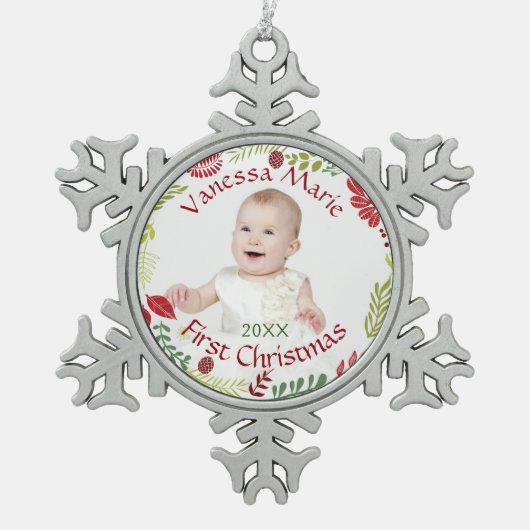 Berry Wreath Baby's eerste kerstversiering Tin Sneeuwvlok Ornament (Voorkant)