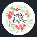 Berry Wreath Merry Christmas Waterverf Script Ronde Sticker<br><div class="desc">Berry Wreath Merry Christmas Waterverf Stickers met de tekst "Merry Christmas" in een stijlvol lettertype met handschrift. Met NB Paper Co's exclusieve waterverf krans. Gebruik als afdichting</div>