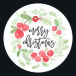 Berry Wreath Merry Christmas Waterverf Script Ronde Sticker<br><div class="desc">Berry Wreath Merry Christmas Waterverf Stickers met de tekst "Merry Christmas" in een stijlvol lettertype met handschrift. Met NB Paper Co's exclusieve waterverf krans. Gebruik als afdichting</div>