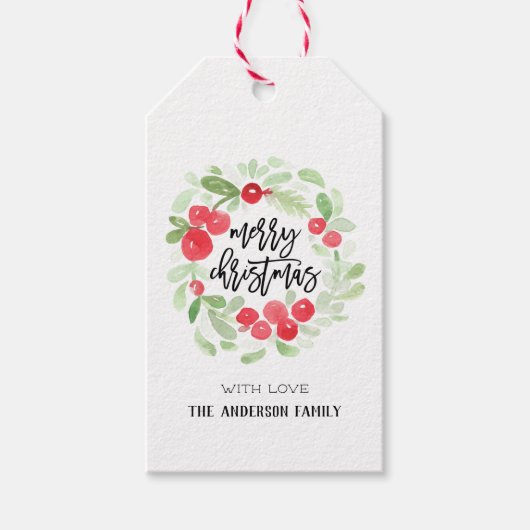 Berry Wreath Merry kerstWaterverf Gift Label Cadeaulabel (Voorkant)