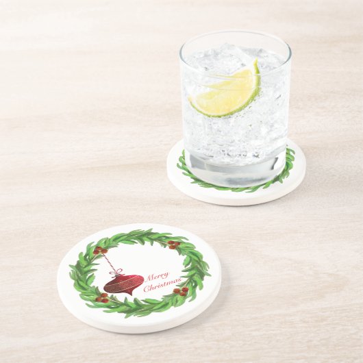 Berry Wreath Merry  Ornament met Kerstmis Zandsteen Onderzetter (Zijkant)