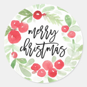 Berry Wreath Merry Waterverf kerst Ronde Sticker
