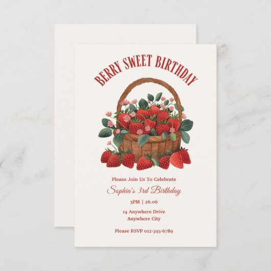Berry Zoete Aardbei Basket Party Uitnodiging (Voorkant / Achterkant)