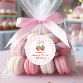 Berry Zoete aardbei verjaardag Pink Bow Gingham Ronde Sticker