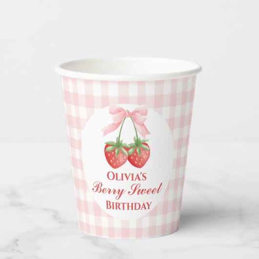 Berry Zoete verjaardag Pink Bow Gingham Papieren Bekers (Voorkant)