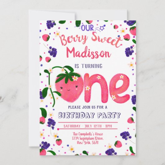BerrySweet FIRST Birthday Uitnodiging (Voorkant)