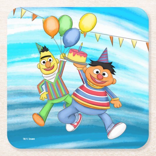 Bert en Ernie Verjaardagsballonnen Kartonnen Onderzetters (Voorkant)