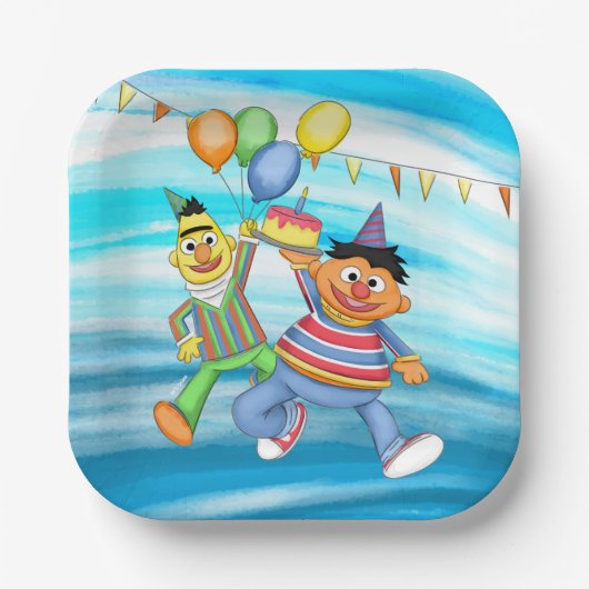 Bert en Ernie Verjaardagsballonnen Papieren Bordje (Voorkant)