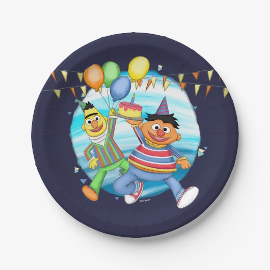 Bert en Ernie Verjaardagsballonnen Papieren Bordje (Voorkant)