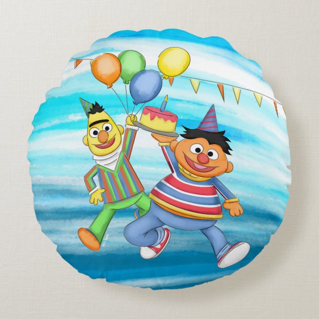 Bert en Ernie Verjaardagsballonnen Rond Kussen (Voorkant)
