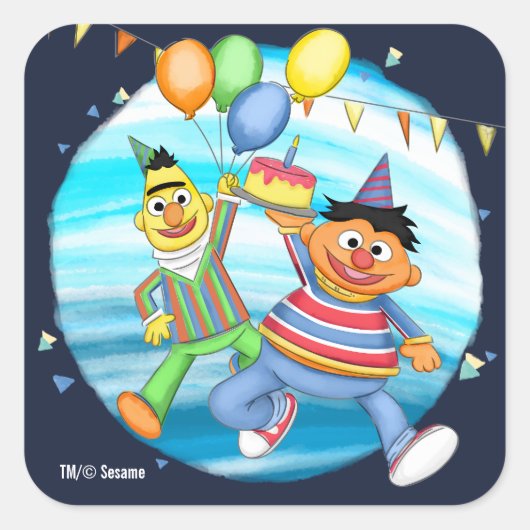 Bert en Ernie Verjaardagsballonnen Vierkante Sticker (Voorkant)