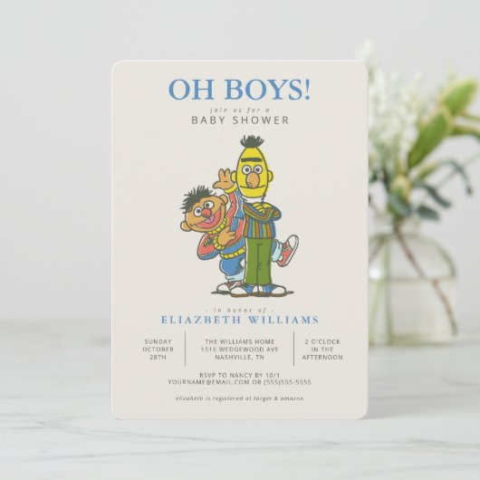 Bert & Ernie Twin Boys Baby shower Uitnodiging (Staand voorkant)
