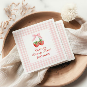Bes eerste aardbei verjaardag Roze Strik Gingham Servet