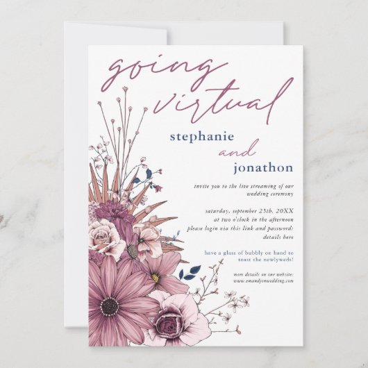Bes Pink Paarse Waterverf Bloem Virtuele Trouwdag Kaart (Voorkant)