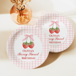 Bes zoete aardbei verjaardag Roze Strik Gingham Papieren Bordje
