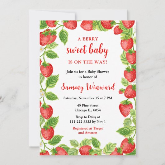 Bes Zoete Aardbeien Baby Shower Kaart (Voorkant)