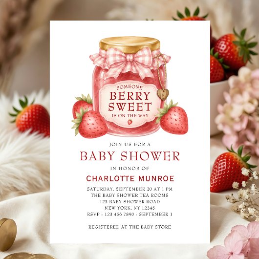 Bescheiden Baby Shower Aardbei Jam Pot Gingham Kaart