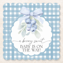 Bescheiden Blauwe Bes Gingham Baby Shower Kartonnen Onderzetters