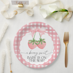 Bescheiden Roze Gestreepte Baby Shower met Aardbei Papieren Bordje