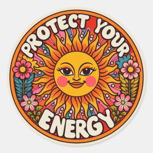 Bescherm Je Energie Sticker - Retro 70s Zon & Flow (Voorkant)