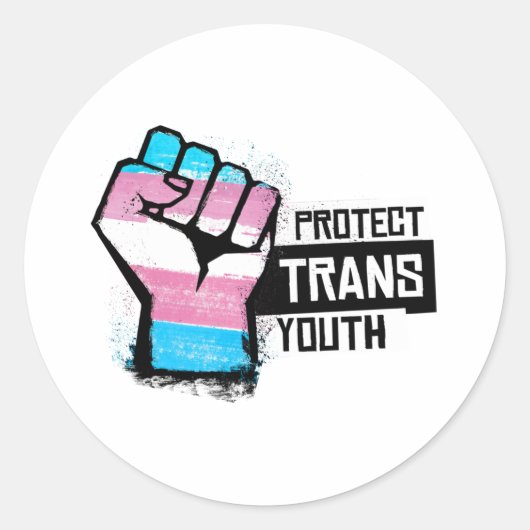 Bescherm Trans Jongeren - Pride Vuist Ronde Sticker (Voorkant)