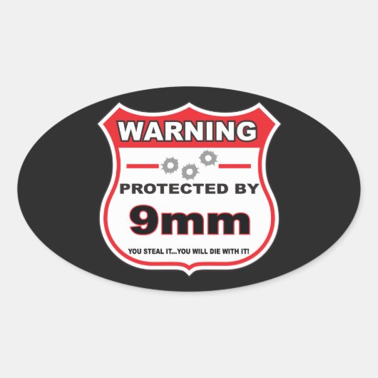 beschermd door 9mm schild ovale sticker (Voorkant)