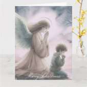 Beschermengel en kind die samen bidden kaart (Gele Bloem)