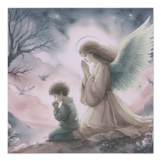 Beschermengel en kind die samen bidden perfect poster (Voorkant)