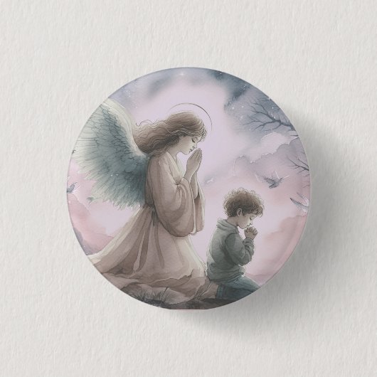 Beschermengel en kind die samen bidden ronde button 3,2 cm (Voorkant)