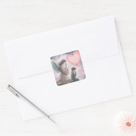 Beschermengel en kind die samen bidden vierkante sticker (Envelop)