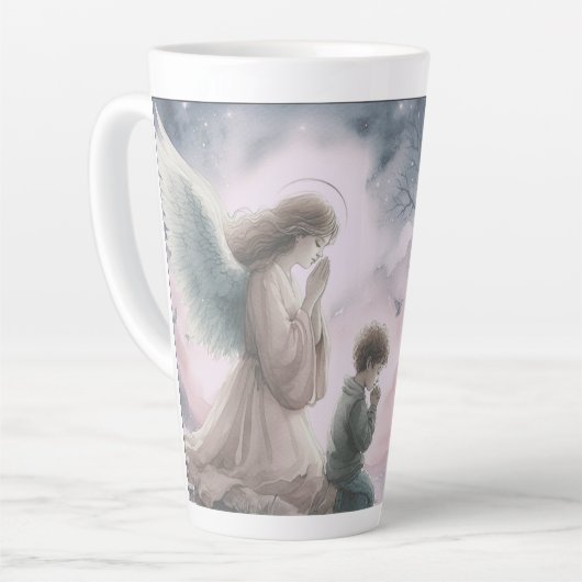 Beschermengel en kind samen bidden latte mok (Linkerhoek)