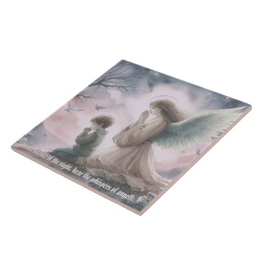 Beschermengel en kind samen bidden tegeltje (Zijkant)