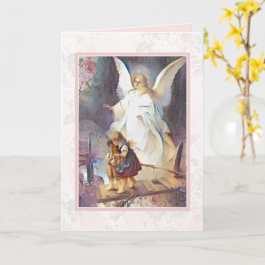 Beschermengel Kinderen Roze Rozen Kaart (Gele Bloem)
