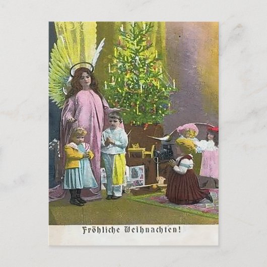 Beschermengel met kinderen & verlichte kerstboom briefkaart (Voorkant)
