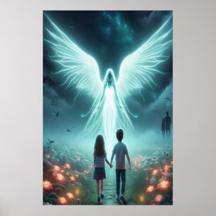 Beschermengel + Twee Kinderen die een Donker Pad W Poster