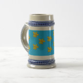 beschilderde bloemen op blauw bierpul (Voorkant links)