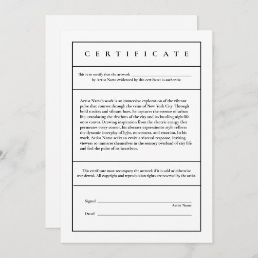 Beschrijvend Modern Certificaat van Echtheid Bedankkaart (Voorkant / Achterkant)