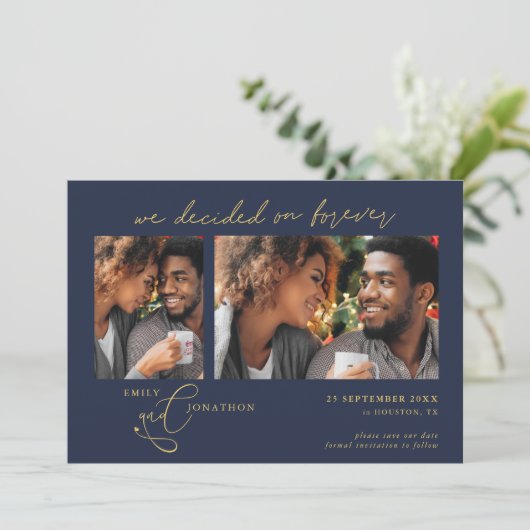 Beslissingen op Forever Script 2 foto's Navy Gold Save The Date (Staand voorkant)