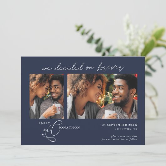 Beslisst op Forever Script 2 foto's Navy White Save The Date (Staand voorkant)