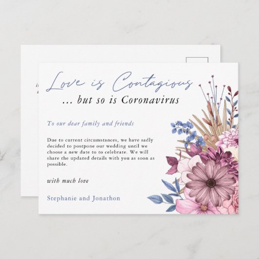 Besmettelijke Liefde Bruiloft Uitgesteld COVID Blo Aankondigingskaart (Voorkant / Achterkant)